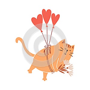 Cute cartoon cat flies on balloons in the shape of a heart and holds a bouquet of flowers in his paws. A simple adorable character