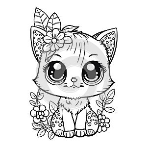 Cute cartoon cat with flowers. Wild kitten in line drawing.