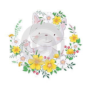 Cute, cartoon cat. In the frame of flowers. For design prints, posters and so on. Vector