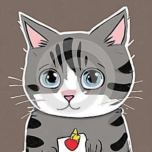 Cute cartoon cat with a heart in his mouth. Vector illustration.