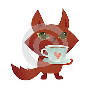 Cute cartoon cat holding a cup of coffee or tea with a hand drawn heart. vector illustration