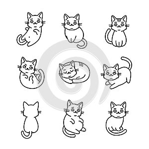 Cute Cartoon Cat Icons Set on White Background. Vector