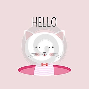 Cute cartoon cat and inscription hello. Greeting card