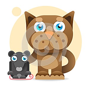 Cute cartoon cat looking at mouse. Big mustache whisker. Funny character. Flat design. White background. Isolated. Vector