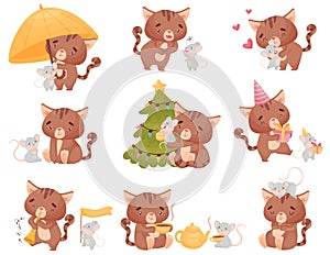 Cute cartoon cat and mouse in different situations. Vector illustration on white background.