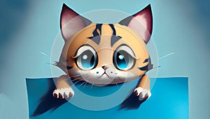 Cute Cartoon Cat Peaking around a Blue Piece of Paper, copy space