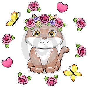 A cute cartoon cat with a pink frame sits in a flower frame.