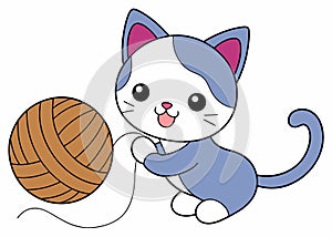 Cute cartoon cat playing with ball of yarn