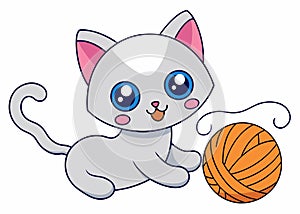 Cute cartoon cat playing with ball of yarn