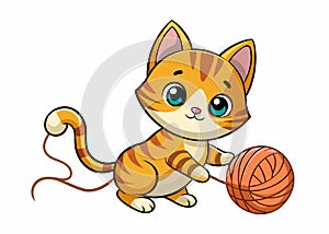 Cute cartoon cat playing with ball of yarn