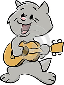 Cute cartoon cat playing guitar and singing songs vector illustration