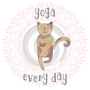 Cute cartoon cat practicing yoga, standing in Vrksasana exercise