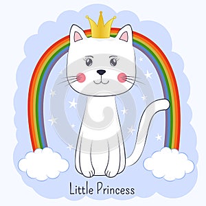 Cute cartoon cat princess and rainbow. Pretty kitty with crown.