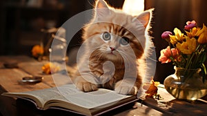 Cute Cartoon Cat Reading a Book with Space for Copy. Generative AI.