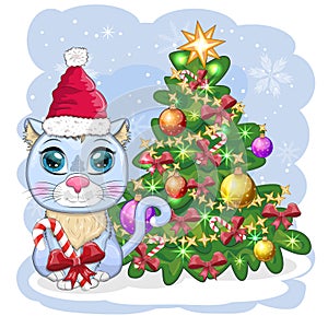 Cute cartoon cat in Santa's hat near the decorated Christmas tree. Winter 2023, Christmas and Chinese New