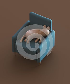 Cute cartoon cat sleeping in blue chair. 3d render, 3d illustration.