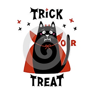 Cute cartoon cat wear vampire costume with fangs, horns and red cloak. Doodle crosses and Trick or treat lettering. Halloween