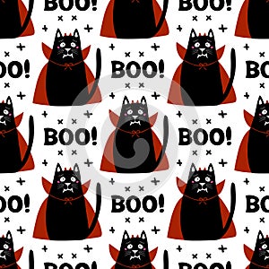 Cute cartoon cat wear vampire costume with fangs, horns and red cloak. Doodle cross elements and boo word. Halloween seamless