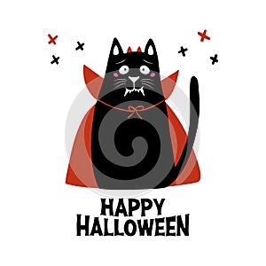Cute cartoon cat wear vampire costume with fangs, horns and red cloak. Doodle cross elements and Happy Halloween lettering.