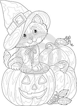 Cute cartoon cat in witch hat sitting with pumpkins with carved face sketch template. Spooky Halloween vector illustration in blac