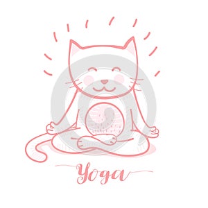 Cute cartoon cat in yoga pose meditation, a lotus position on white background