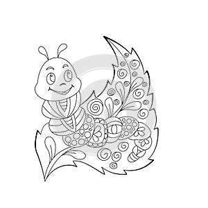 Cute cartoon caterpillar with ornament on leaf. Design for kids coloring page