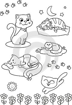 Cute cartoon cats: coloring vector page