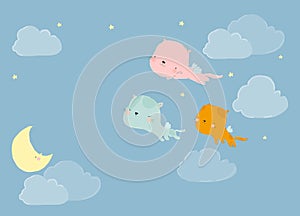 Cute Cartoon Cats flying on the Sky.Pet Cartoon Hand Drawn