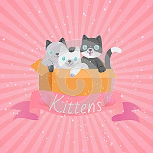 Cute cartoon cats, funny playful kittens pet kitty vector illustration on pink retro sparkling background with ribbon.
