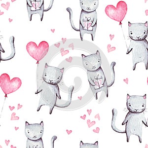 Cute cartoon cats with pink balloon heart shape and gift. Hand drawn abstract watercolor seamless pattern. Valentine`s day backgro