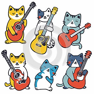 Cute cartoon cats playing guitars, colorful music illustration isolated white background. Six