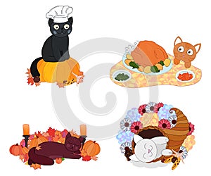 Cute cartoon cats set, isolated stickers, happy thanksgiving day greeting card