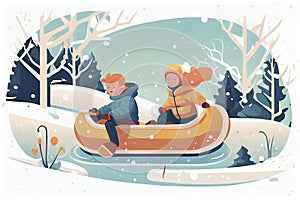 Cute cartoon caucasian children ride a tubing and sled. Wintertime, outdoors activites