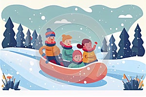 Cute cartoon caucasian children ride a tubing and sled. Wintertime, outdoors activites