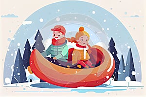 Cute cartoon caucasian children ride a tubing and sled. Wintertime, outdoors activites