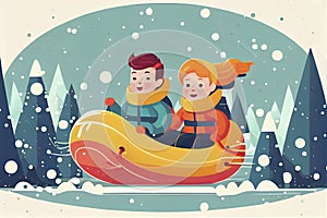 Cute cartoon caucasian children ride a tubing and sled. Wintertime, outdoors activites