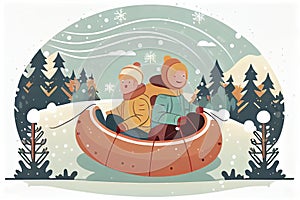 Cute cartoon caucasian children ride a tubing and sled. Wintertime, outdoors activites