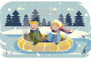 Cute cartoon caucasian children ride a tubing and sled. Wintertime, outdoors activites