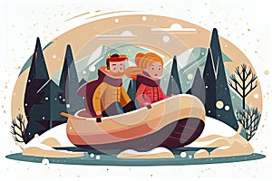 Cute cartoon caucasian children ride a tubing and sled. Wintertime, outdoors activites