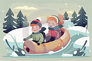 Cute cartoon caucasian children ride a tubing and sled. Wintertime, outdoors activites