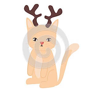 Cute cartoon character cat with reindeer antlers funny vector illustration for christmas holidays isolated on white background