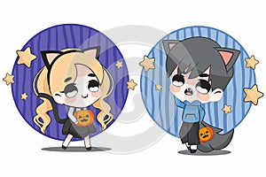 Cute Cartoon Character or Chibi for Halloween Party in Black Cat and Wolf Costume Set Couple