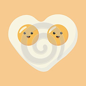 Cute cartoon character design of heart shape fried egg vector illustration isolated on yellow background. Happy cute smiling funny