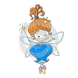 Cute cartoon character fairy. Flower fairy with a magic wand. Fairy in a floral dress. Mythical creature with wings.