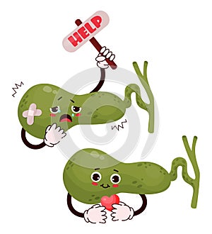 Cute cartoon character gallbladder. Human organ with different emotions. Happy and sad, cries and asks for help. Vector