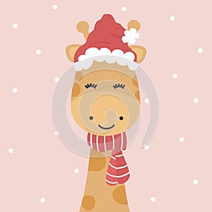 Cute cartoon character giraffe with red santa claus hat and scarf funny vector illustration for christmas holiday greeting card