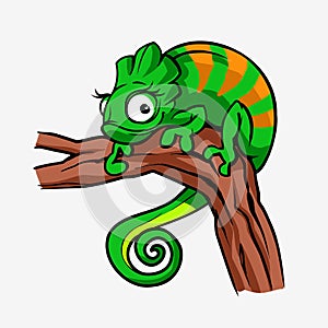 Cute cartoon character green chameleon lizard animal.Reptile in wildlife isolated in warm background. Vector
