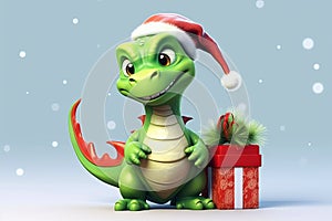 Cute cartoon character green dragon in red Santa Claus hat with gifts in boxes. Greeting card for new year 2024 on white