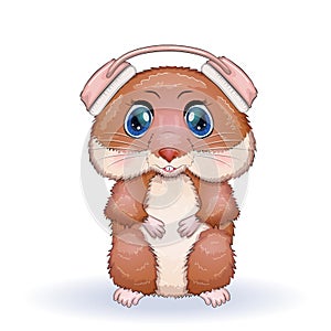 Cute cartoon character of a hamster wearing headphones and singing a song, funny brown rodent animal pet