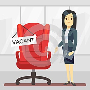 Cute cartoon character HR manager and empty boss chair. Employment, vacancy and hiring job vector concept
